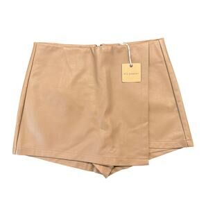 NWT Blu Pepper Faux Leather Skort Mini Skirt Shorts, Tan, Size Large